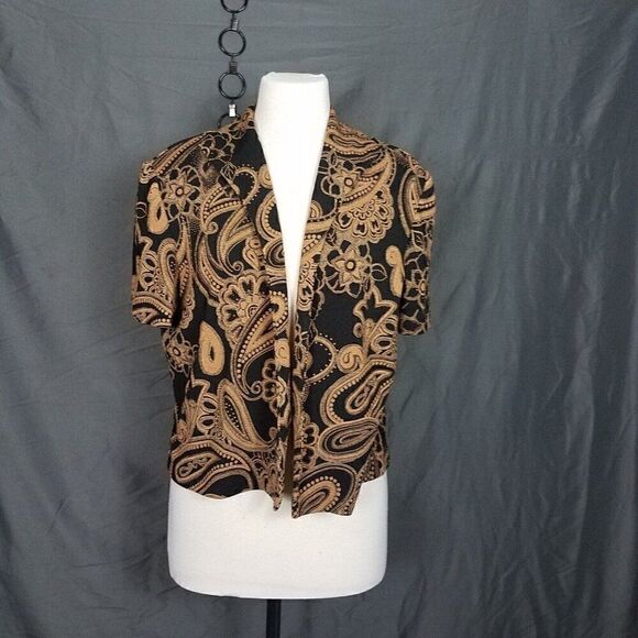 R&K Originals Open Jacket Size 16 Black Gold Light Weight Jacket Paisley Printed - Picture 1 of 10